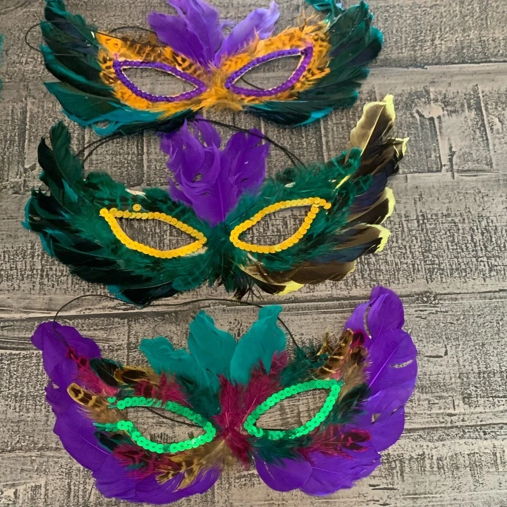 Mardi Gras Masks 6 Feather Sequin Elastic Band, 6 Bead Necklaces, Masquerade EUC